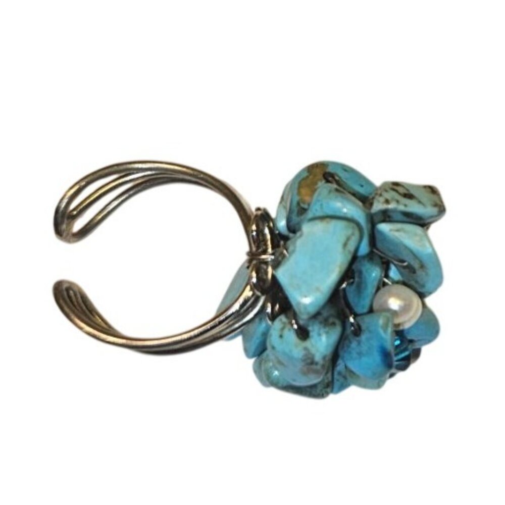 Statement Ring Adjustable Turquoise & Pearl Clust… - image 5